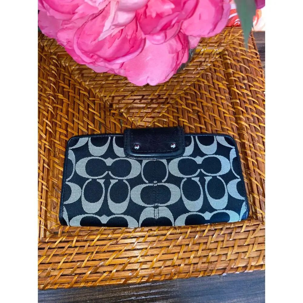 Coach Signature Canvas Black & Gray Flap Wallet Leather Trim - Picture 3 of 7